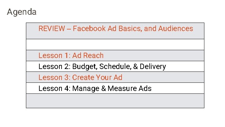 Agenda REVIEW – Facebook Ad Basics, and Audiences Lesson 1: Ad Reach Lesson 2: