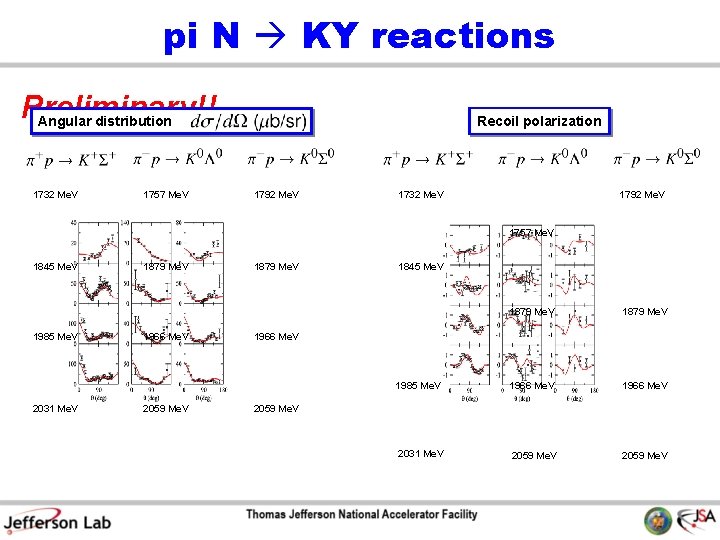 pi N KY reactions Preliminary!! Angular distribution 1732 Me. V 1757 Me. V Recoil