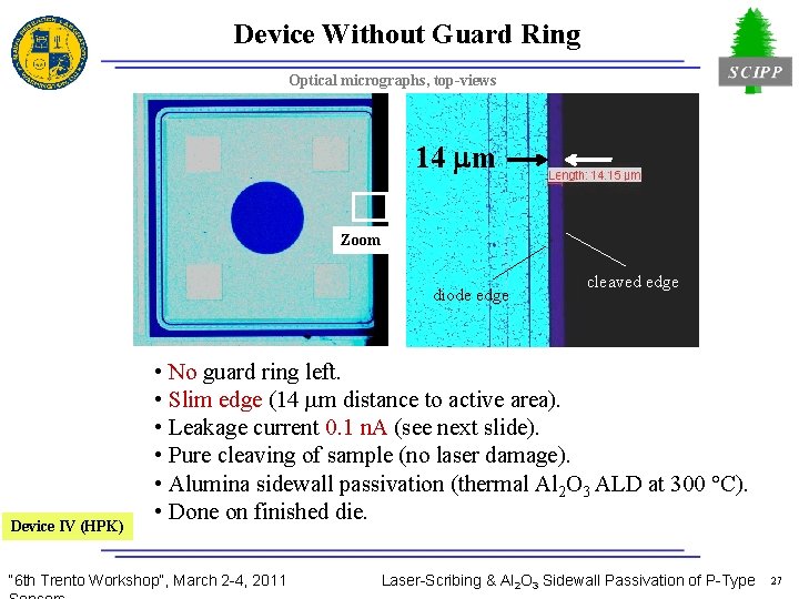 Device Without Guard Ring Optical micrographs, top-views 14 mm Zoom diode edge Device IV