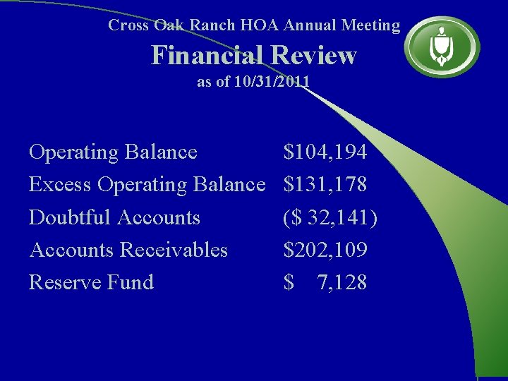 Cross Oak Ranch HOA Annual Meeting Financial Review as of 10/31/2011 Operating Balance Excess