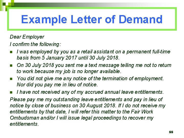 Example Letter of Demand Dear Employer I confirm the following: n I was employed