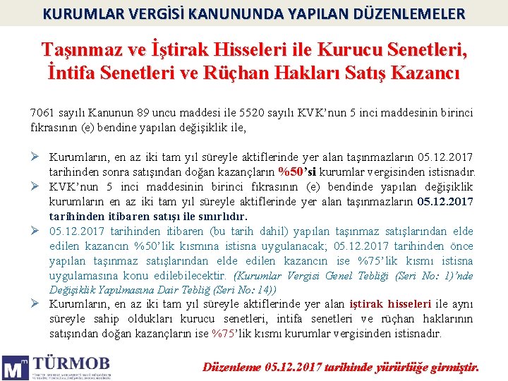 KURUMLAR VERGİSİ KANUNUNDA YAPILAN DÜZENLEMELER Taşınmaz ve İştirak Hisseleri ile Kurucu Senetleri, İntifa Senetleri