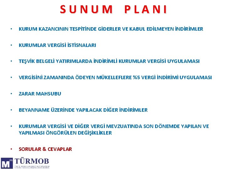 S U N U M P L A N I • KURUM KAZANCININ TESPİTİNDE