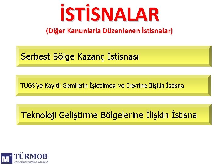 İSTİSNALAR (Diğer Kanunlarla Düzenlenen İstisnalar) Serbest Bölge Kazanç İstisnası TUGS’ye Kayıtlı Gemilerin İşletilmesi ve