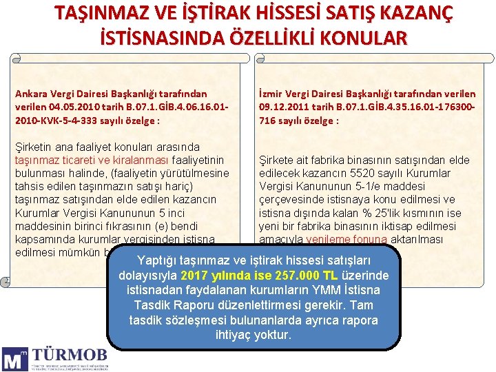 TAŞINMAZ VE İŞTİRAK HİSSESİ SATIŞ KAZANÇ İSTİSNASINDA ÖZELLİKLİ KONULAR Ankara Vergi Dairesi Başkanlığı tarafından