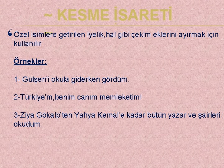 ~ KESME İSARETİ . Özel isimlere getirilen iyelik, hal gibi çekim eklerini ayırmak için