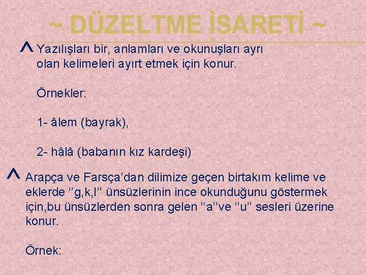 ^ ~ DÜZELTME İSARETİ ~ . Yazılışları bir, anlamları ve okunuşları ayrı olan kelimeleri