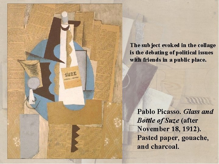 The subject evoked in the collage is the debating of political issues with friends