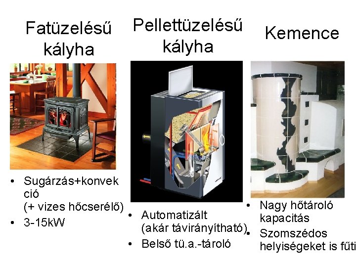 Fatüzelésű Pellettüzelésű Kemence kályha • Sugárzás+konvek ció • (+ vizes hőcserélő) • Automatizált •