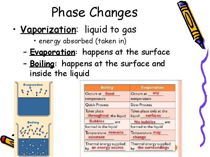 Phase Changes • Vaporization: liquid to gas • energy absorbed (taken in) – Evaporation: