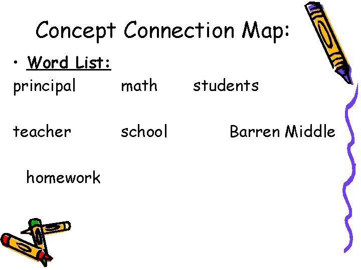 Concept Connection Map: • Word List: principal math teacher homework school students Barren Middle