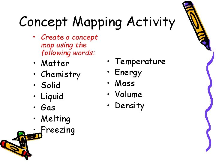 Concept Mapping Activity • Create a concept map using the following words: • •