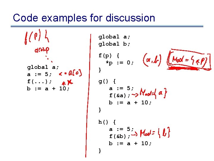 Code examples for discussion global a; global b; global a; a : = 5;