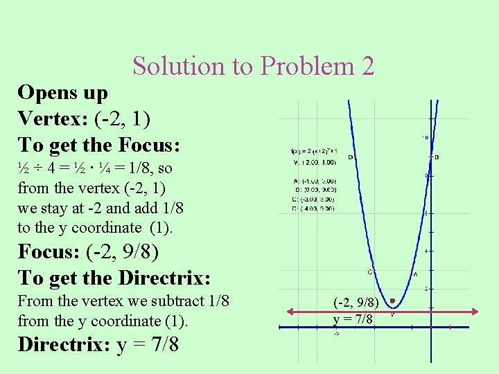Solution to Problem 2 Opens up Vertex: (-2, 1) To get the Focus: ½