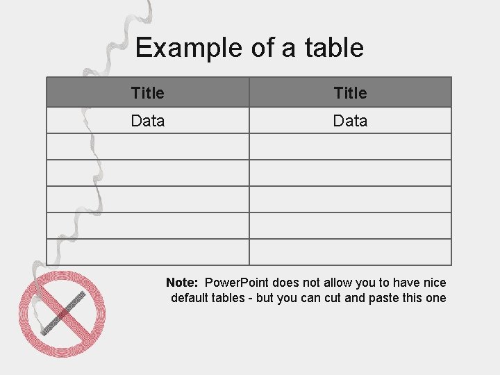 Example of a table Title Data Note: Power. Point does not allow you to