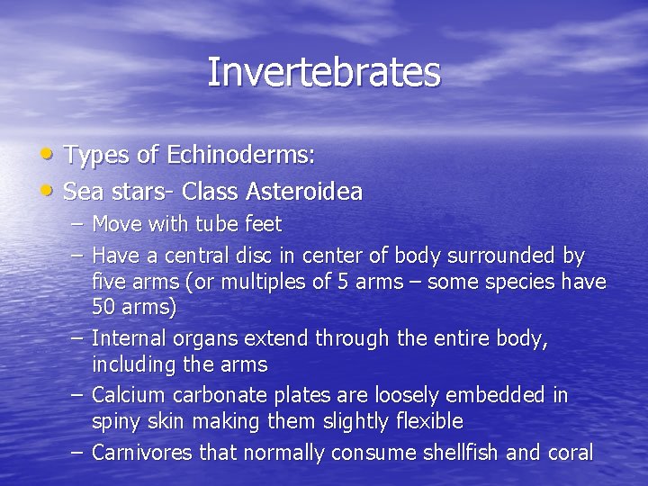 Invertebrates • Types of Echinoderms: • Sea stars- Class Asteroidea – Move with tube