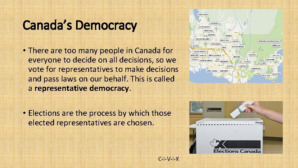 Canada’s Democracy • There are too many people in Canada for everyone to decide