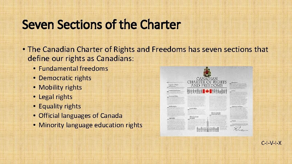 Seven Sections of the Charter • The Canadian Charter of Rights and Freedoms has