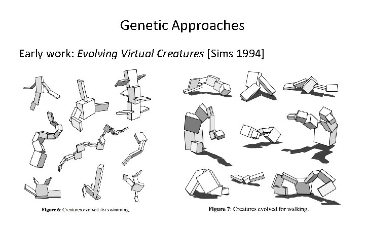 Genetic Approaches Early work: Evolving Virtual Creatures [Sims 1994] 