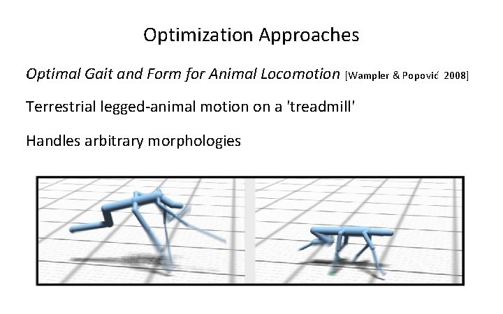 Optimization Approaches Optimal Gait and Form for Animal Locomotion [Wampler & Popovic 2008] Terrestrial