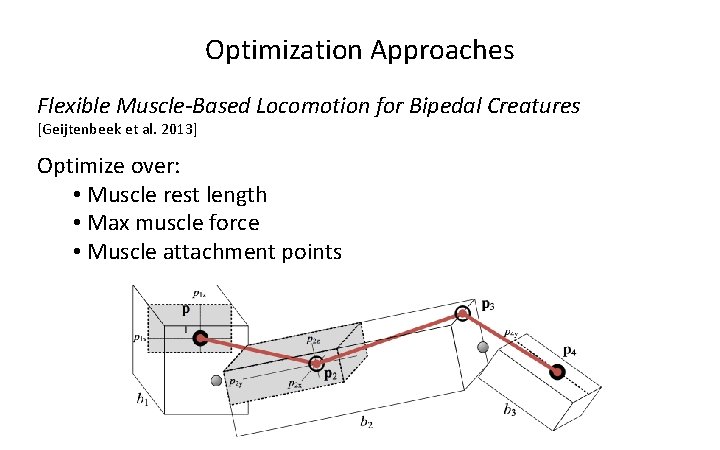 Optimization Approaches Flexible Muscle-Based Locomotion for Bipedal Creatures [Geijtenbeek et al. 2013] Optimize over: