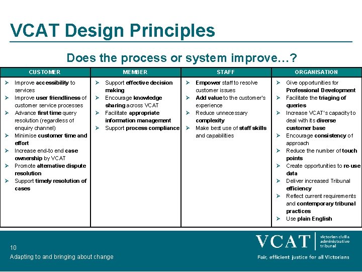 VCAT Design Principles Does the process or system improve…? CUSTOMER MEMBER STAFF ORGANISATION Ø