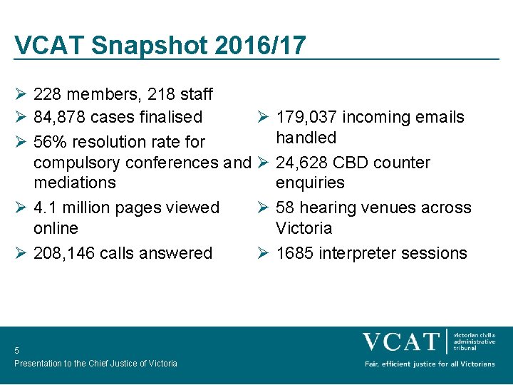 VCAT Snapshot 2016/17 Ø 228 members, 218 staff Ø Ø 84, 878 cases finalised