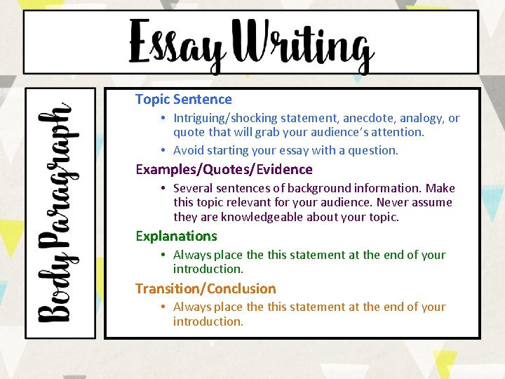 Topic Sentence • Intriguing/shocking statement, anecdote, analogy, or quote that will grab your audience’s Topic Sentence • Intriguing/shocking statement, anecdote, analogy, or quote that will grab your audience’s