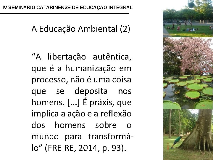 IV SEMINÁRIO CATARINENSE DE EDUCAÇÃO INTEGRAL A Educação Ambiental (2) “A libertação autêntica, que