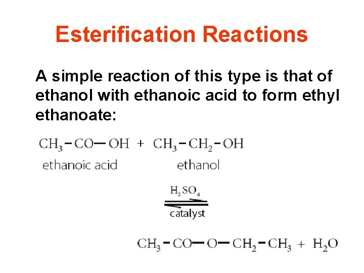 Esterification Reactions A simple reaction of this type is that of ethanol with ethanoic