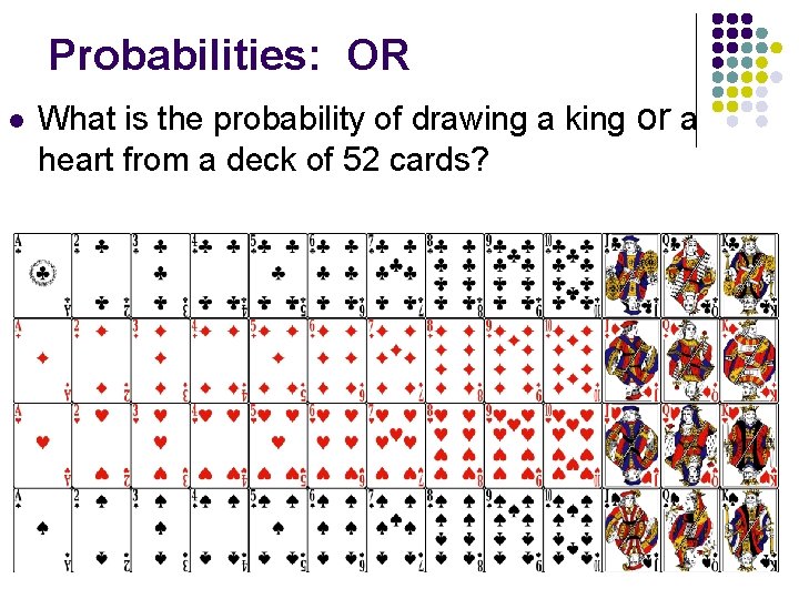 Probabilities: OR l What is the probability of drawing a king or a heart