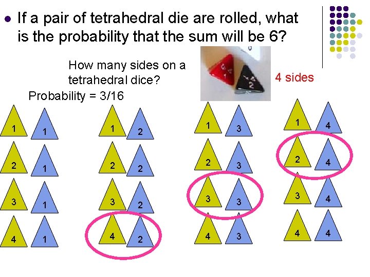 l If a pair of tetrahedral die are rolled, what is the probability that
