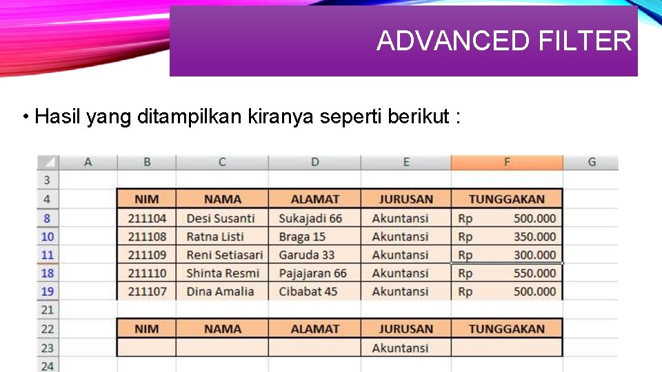 ADVANCED FILTER • Hasil yang ditampilkan kiranya seperti berikut : 