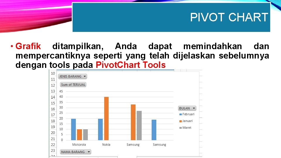 PIVOT CHART • Grafik ditampilkan, Anda dapat memindahkan dan mempercantiknya seperti yang telah dijelaskan