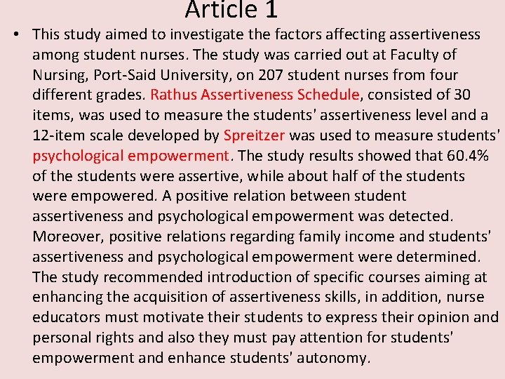 Article 1 • This study aimed to investigate the factors affecting assertiveness among student