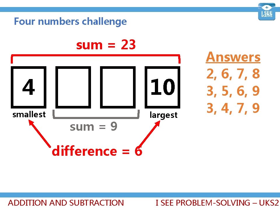 Four numbers challenge sum = 23 4 10 smallest largest sum = 9 Answers