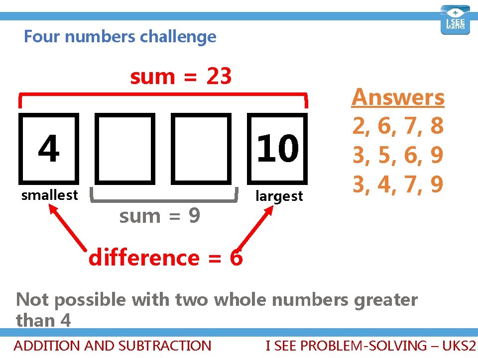 Four numbers challenge sum = 23 4 10 smallest largest sum = 9 Answers