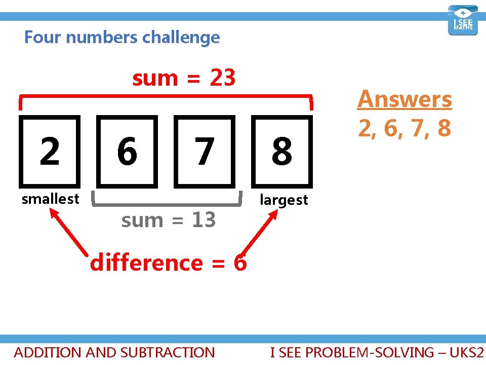 Four numbers challenge sum = 23 2 smallest 6 7 sum = 13 8