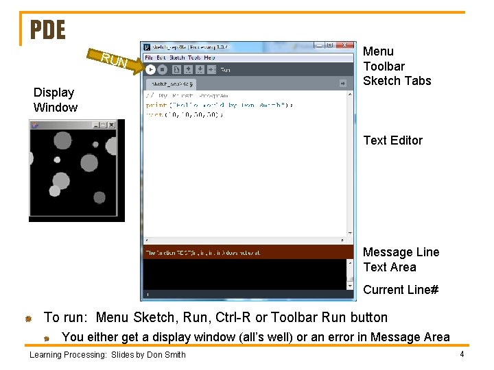 PDE RUN Display Window Menu Toolbar Sketch Tabs Text Editor Message Line Text Area