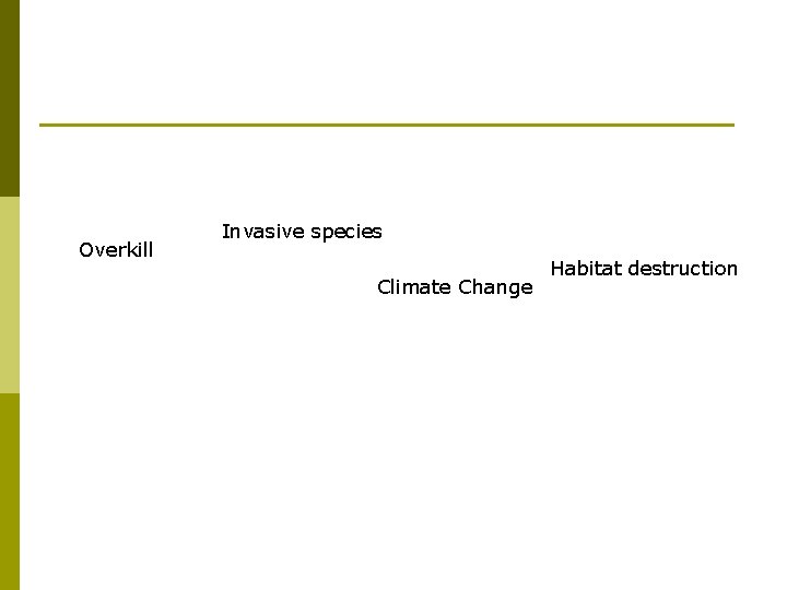 Overkill Invasive species Climate Change Habitat destruction 