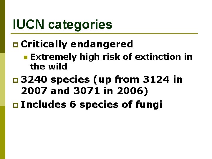 IUCN categories p Critically n endangered Extremely high risk of extinction in the wild