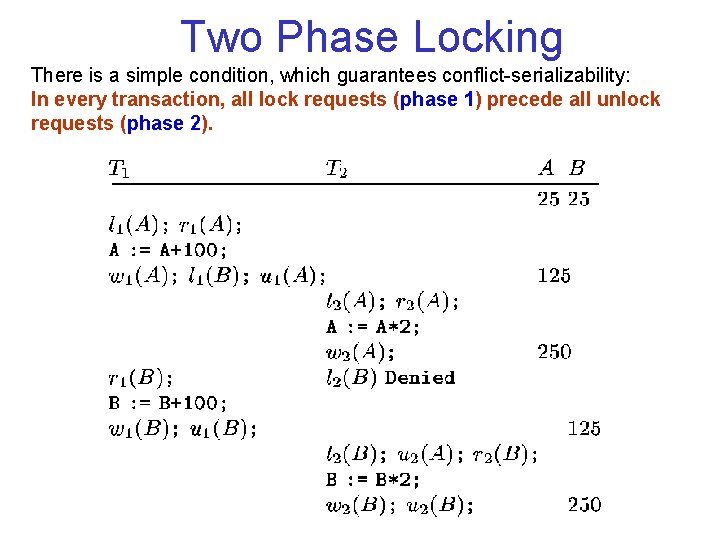 Two Phase Locking There is a simple condition, which guarantees conflict serializability: In every Two Phase Locking There is a simple condition, which guarantees conflict serializability: In every
