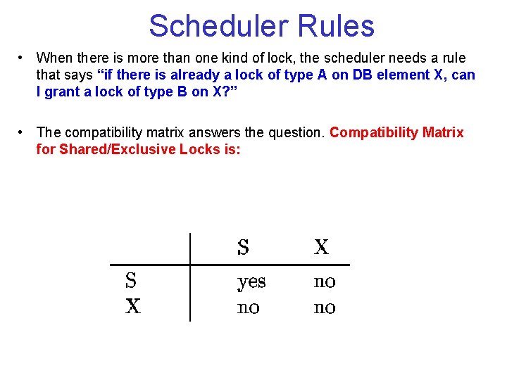 Scheduler Rules • When there is more than one kind of lock, the scheduler Scheduler Rules • When there is more than one kind of lock, the scheduler