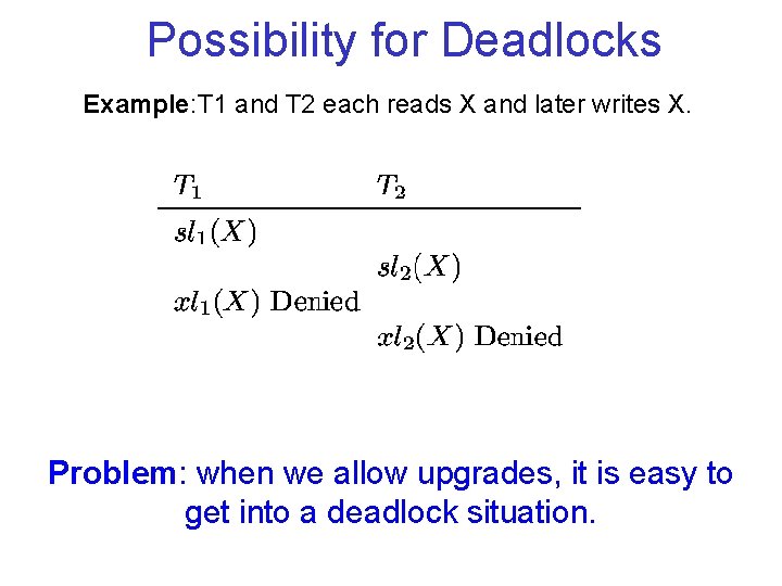 Possibility for Deadlocks Example: T 1 and T 2 each reads X and later Possibility for Deadlocks Example: T 1 and T 2 each reads X and later