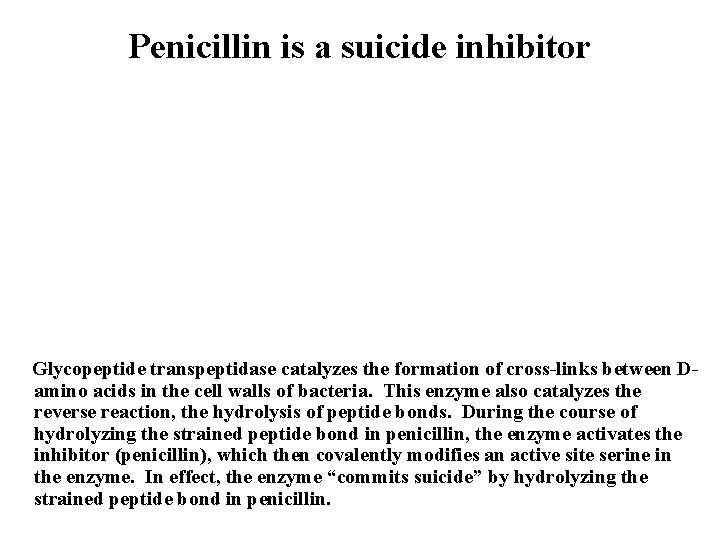 Penicillin is a suicide inhibitor Glycopeptide transpeptidase catalyzes the formation of cross-links between Damino