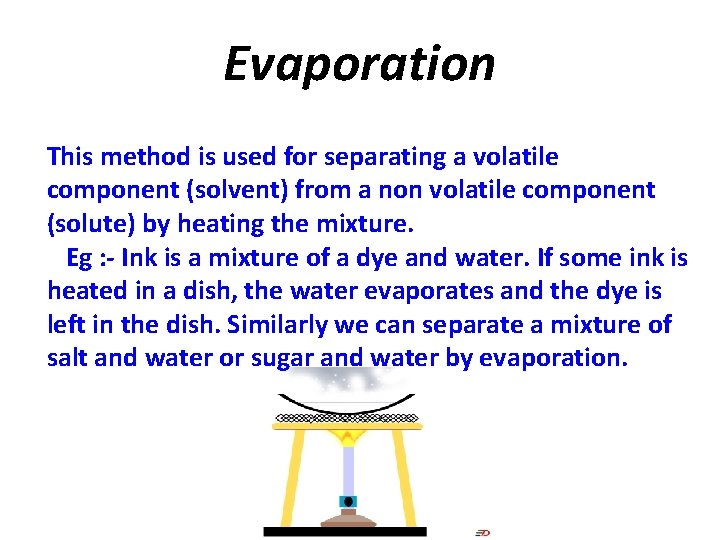 Evaporation This method is used for separating a volatile component (solvent) from a non