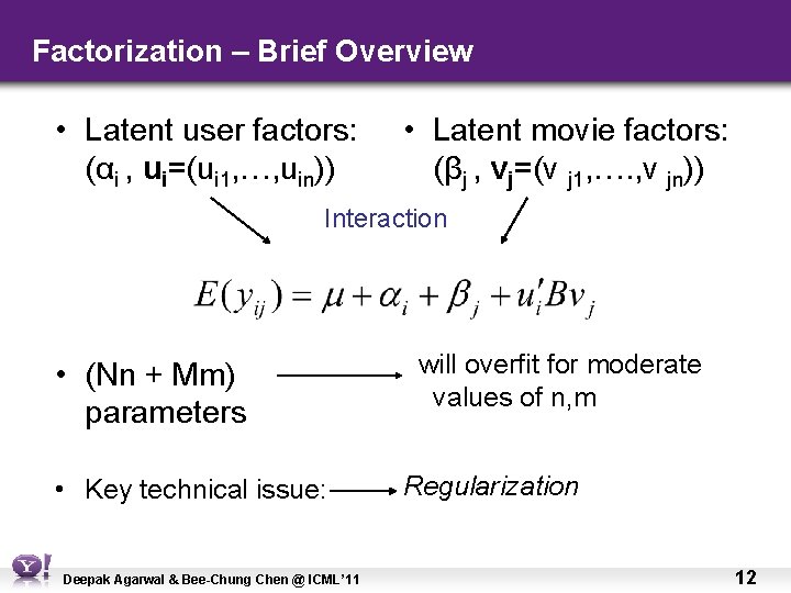 Factorization – Brief Overview • Latent user factors: (αi , ui=(ui 1, …, uin))