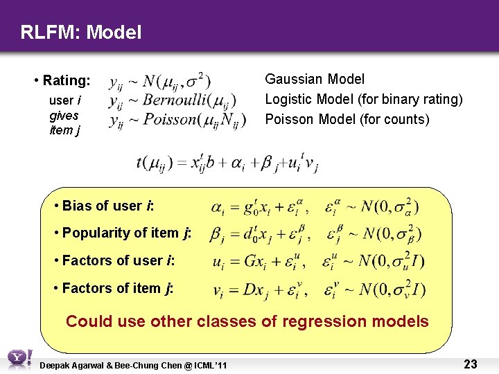 RLFM: Model • Rating: user i gives item j Gaussian Model Logistic Model (for