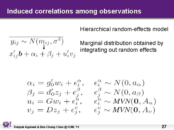 Induced correlations among observations Hierarchical random-effects model Marginal distribution obtained by integrating out random