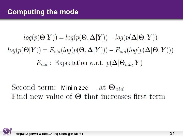 Computing the mode Minimized Deepak Agarwal & Bee-Chung Chen @ ICML’ 11 31 